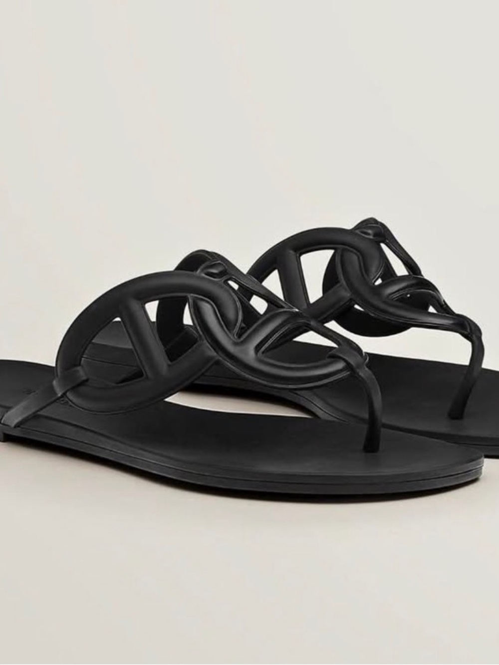 Hermes Black Leather Cutout Thong Sandals